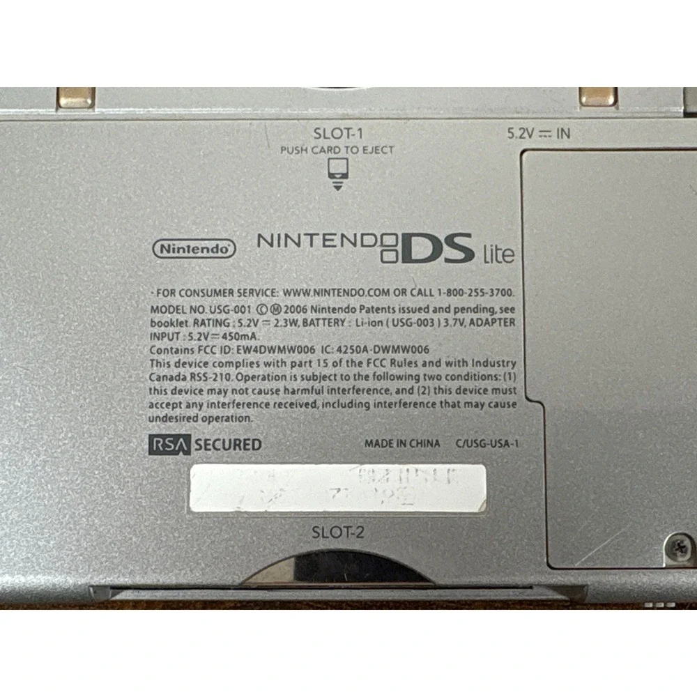 Nintendo DS Lite Metallic Silver Handheld Console System Model USG-001 GBA Slot